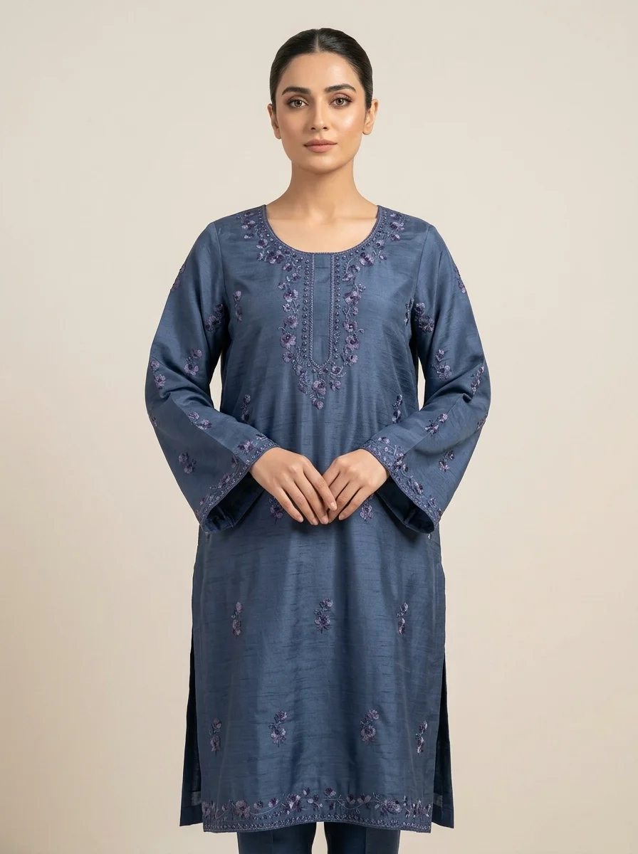 ReemVouge Artical (14) Pakistani Raw Silk Teal Emerald Heavily Embroidered Premium Tunic - Image 1