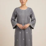 Silver Slate: Premium Gray Kurta with White Floral Embroidery