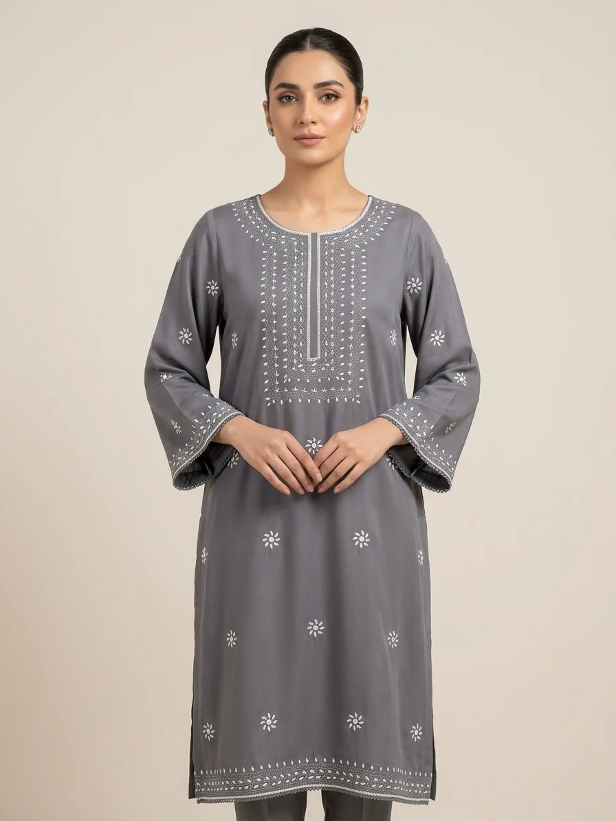 ReemVouge Artical (15) Silver Slate: Premium Gray Kurta with White Floral Embroidery - Image 1