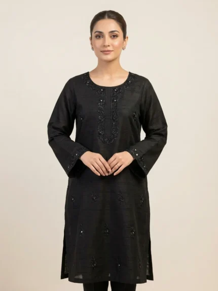 Aira Black Raw Silk Kurti with Intricate Shisha Embroidery