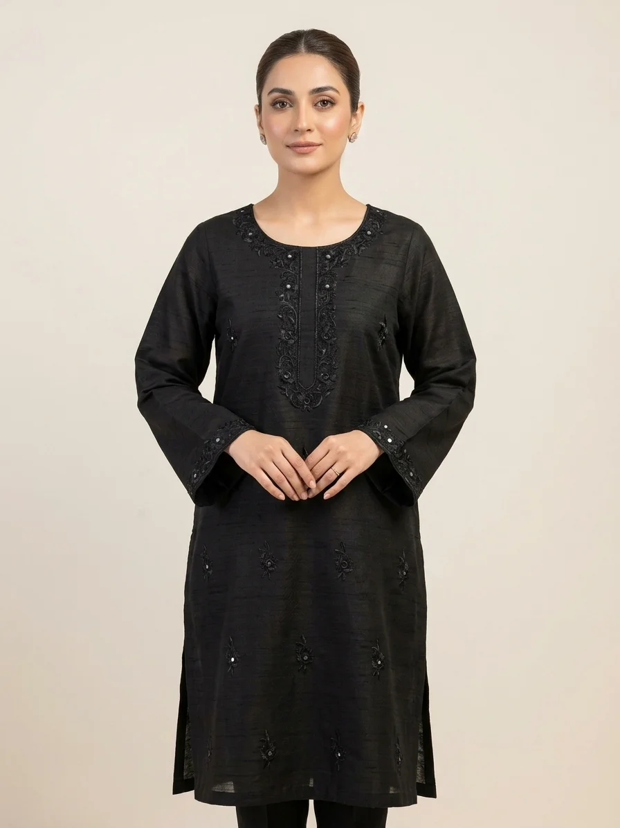 ReemVouge Artical (17) Aira Black Raw Silk Kurti with Intricate Shisha Embroidery - Image 1