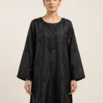 Pakistani Raw Silk Textured Black Embroidered  Kurti with Sequin Accents