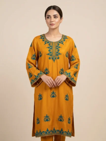 Mustard Gold Teal Embroidered Marina Kurti