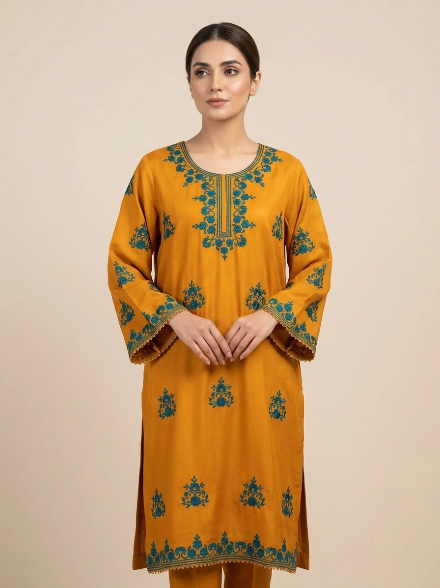 ReemVouge Artical (3) Mustard Gold Teal Embroidered Marina Kurti - Image 1