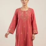 Deep Coral Floral-Panel Embroidered Kurti