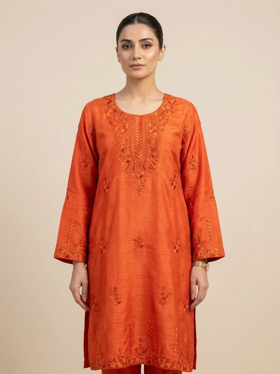 ReemVouge Artical (5) Premium Textured Raw Silk Tunic in Emerald Teal featuring Heavy All-Over Embroidery and Wide Cuffs - Image 1