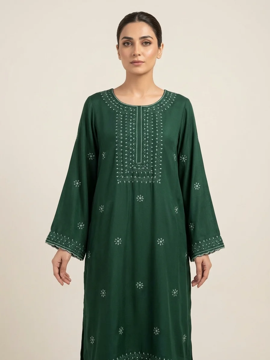 ReemVouge Artical (6) legant Dark Green Embroidered Bell Sleeve Kurti - Pakistani Tunic T01 - Image 1
