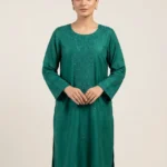 Pakistani Raw Silk Teal Emerald Heavily Embroidered Long Slub Kurti - Premium Pakistani Tunic