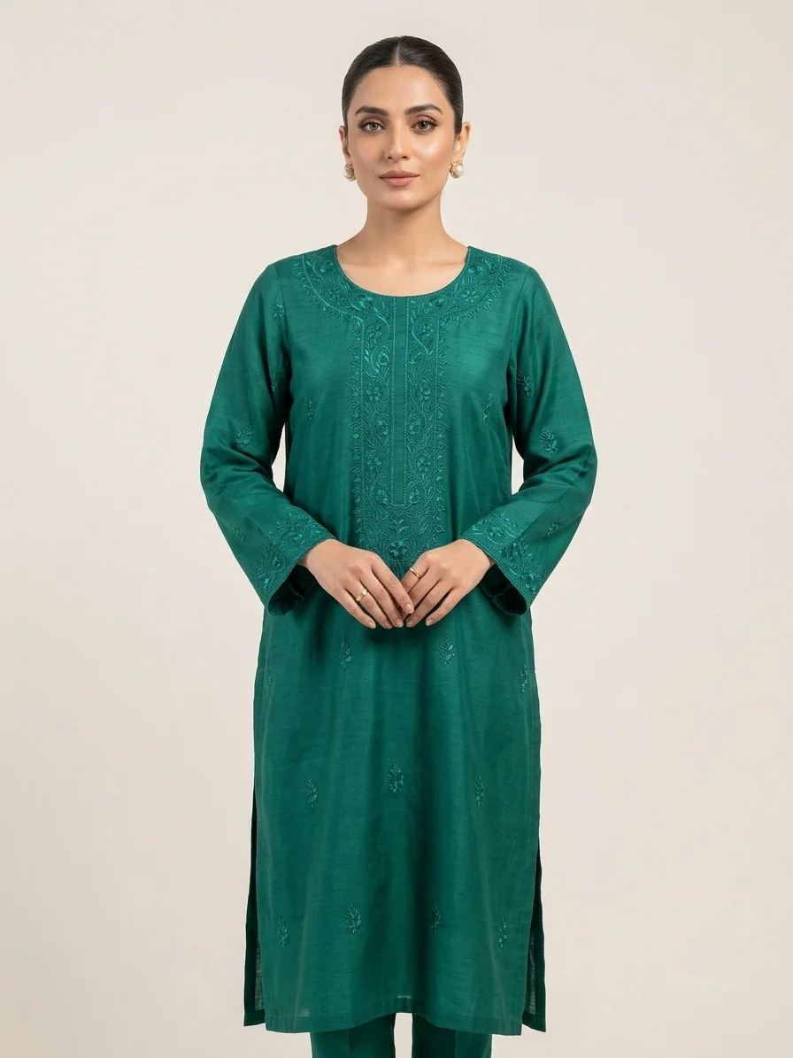 ReemVouge Artical (8) Pakistani Raw Silk Teal Emerald Heavily Embroidered Long Slub Kurti - Premium Pakistani Tunic - Image 1